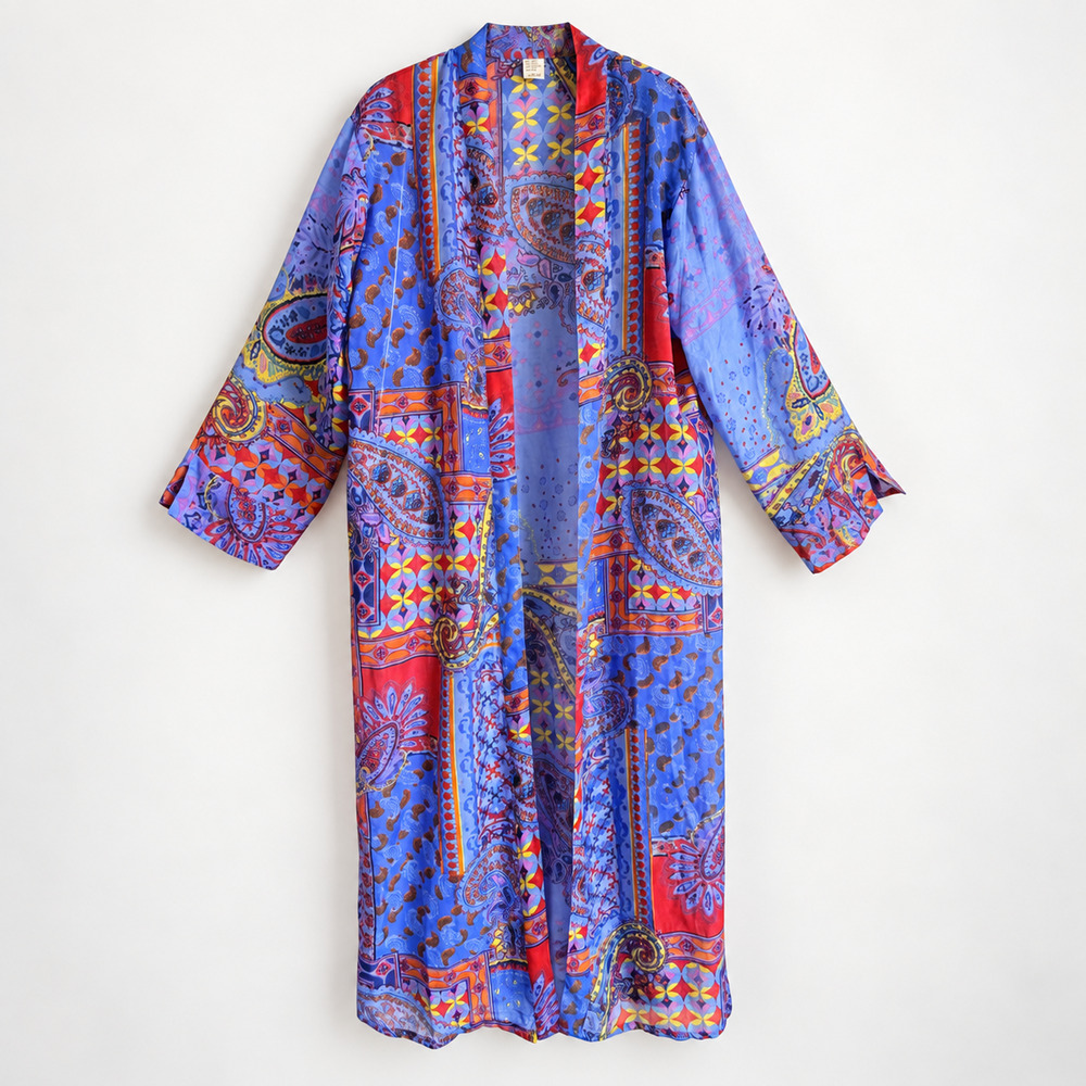 Raj Blue Paisley Kimono Duster Long Sheer Resort Beach Cover Up One Size Pockets